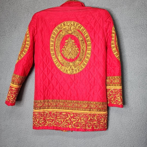 ADAM DOUGLASS Vintage Size 6 1990's Red Quilted Gold Baroque Silk Blazer Jacket - Picture 7 of 12